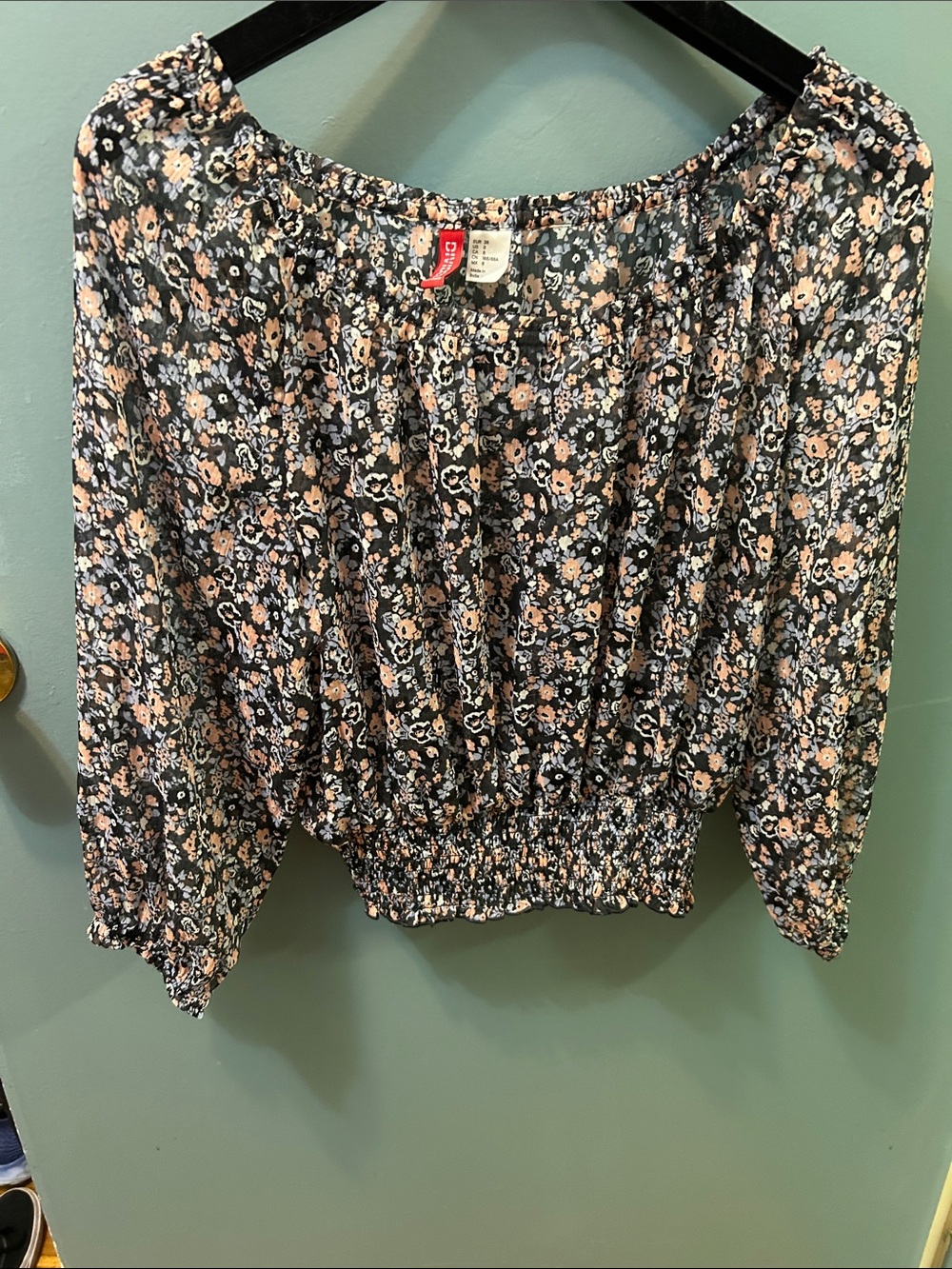 Floral Sheer Off-Shoulder Smocked Waist Peasant Top Black & Peach NEW no tag